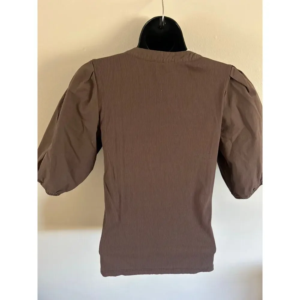 Madewell Brown Ribbed Henley Puff Sleeve Top Small